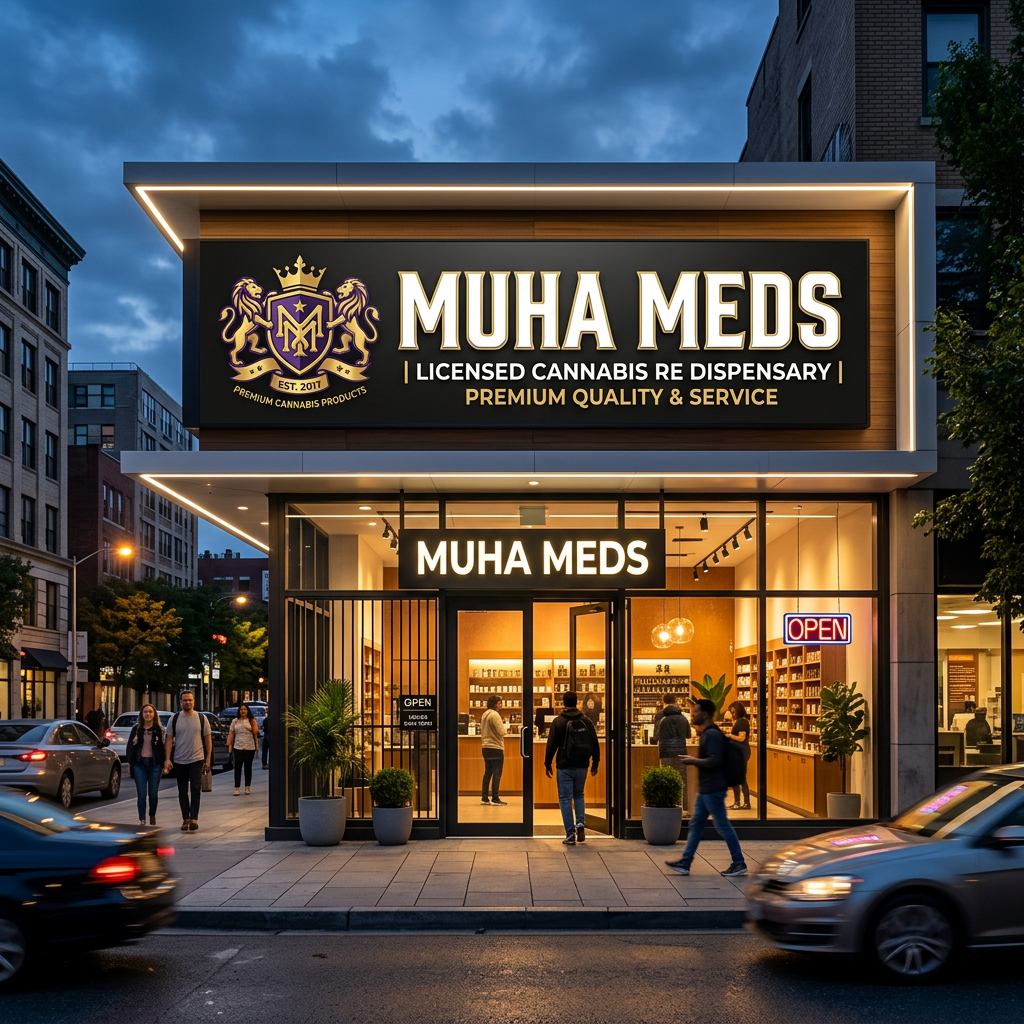 Licensed cannabis dispensary storefront evening Modern cannabis dispensary storefront with MUHA MEDS signage and illuminated interior at dusk